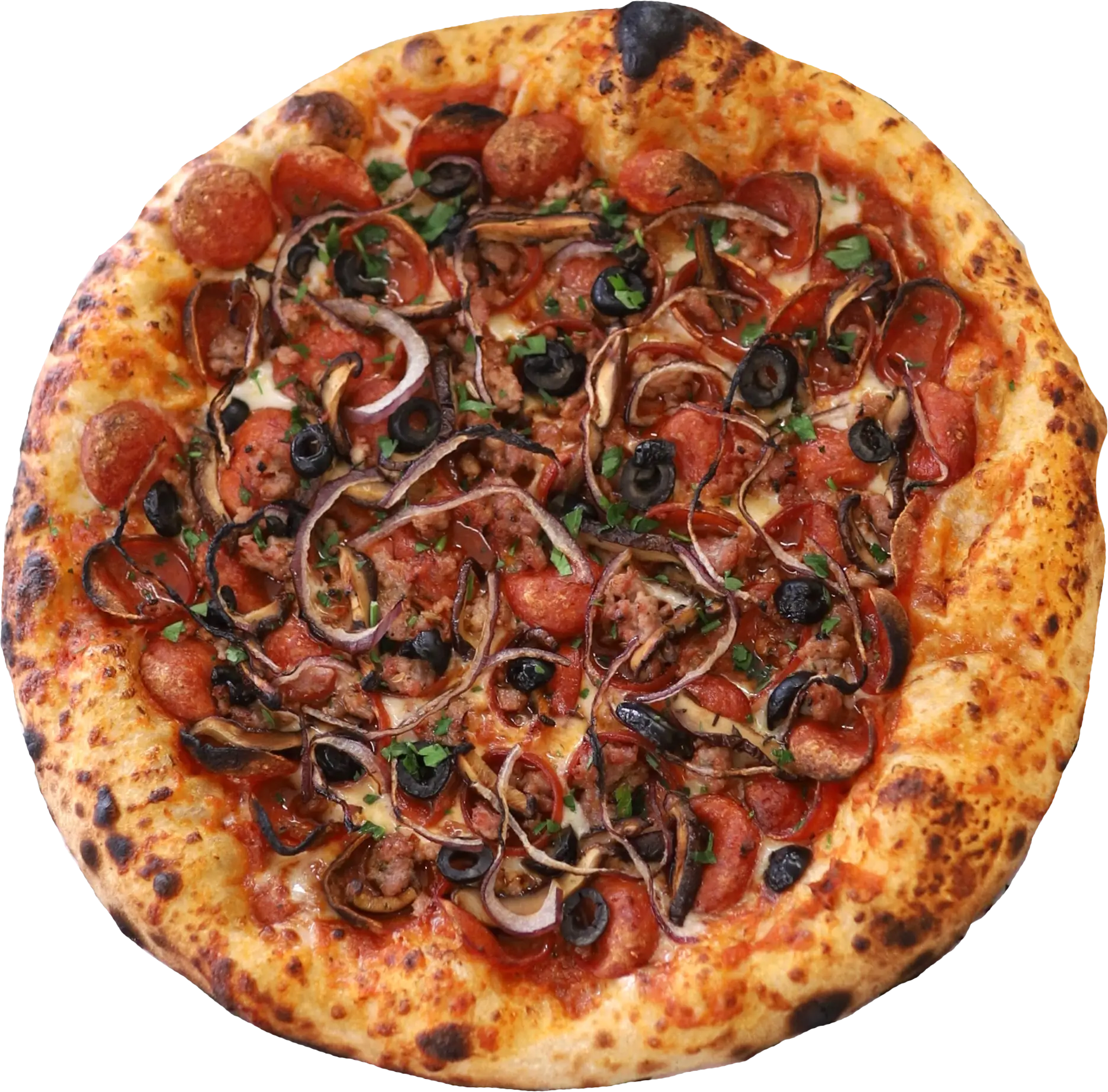 THE 542 pizza - Red sauce, mozzarella, pepperoni, sausage, mushrooms, black olives, and red onions.