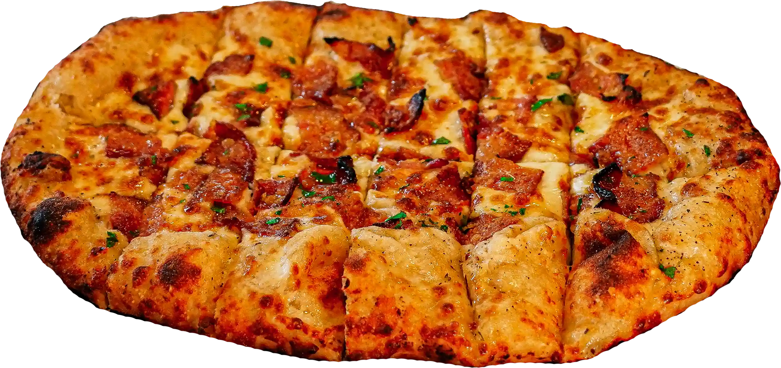 BACON CHEESY STICKS pizza - Garlic oil, mozzarella, parmesan, crispy bacon, and roasted garlic.