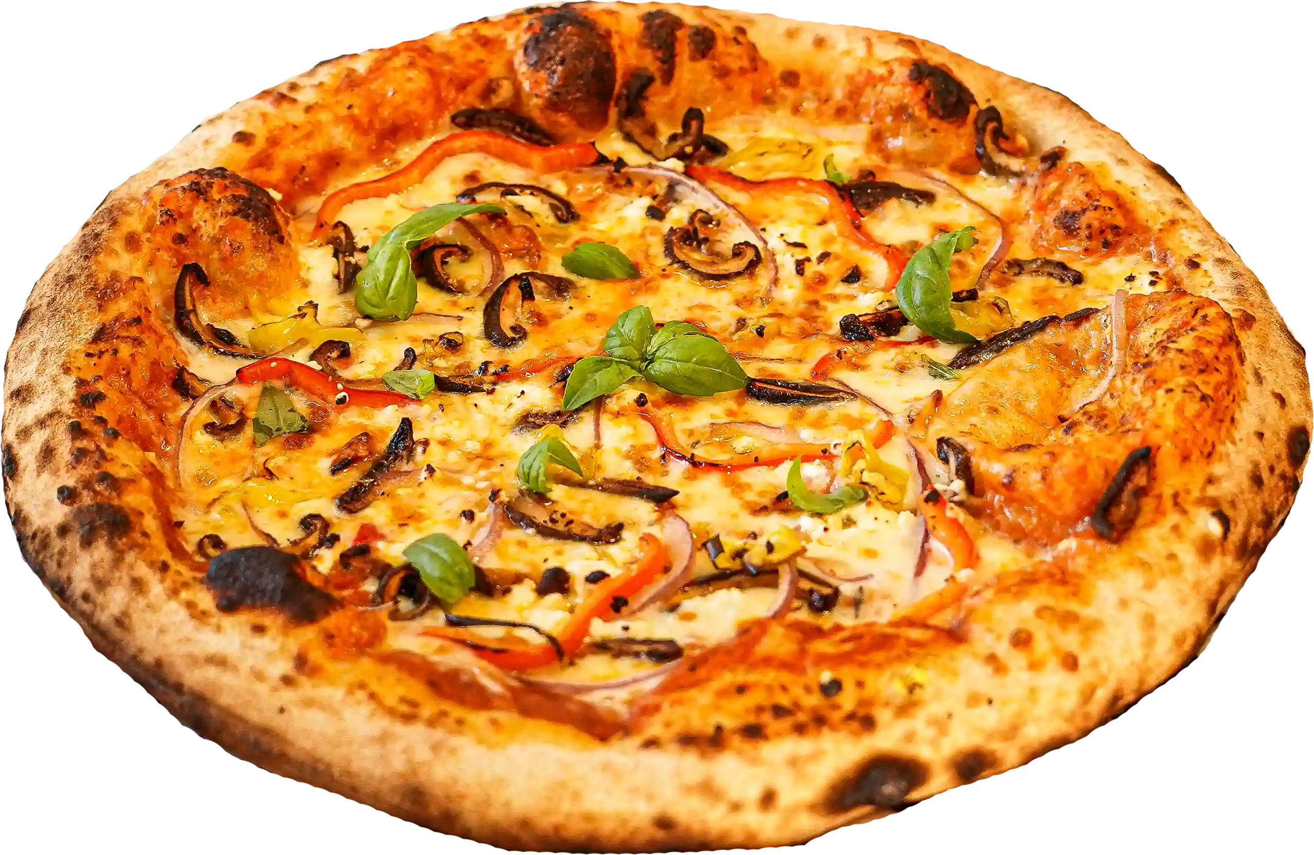 GARDEN pizza - Red sauce, mozzarella, shiitake mushrooms, red bell pepper, red onion, roasted garlic, pepperoncini, feta, and basil.