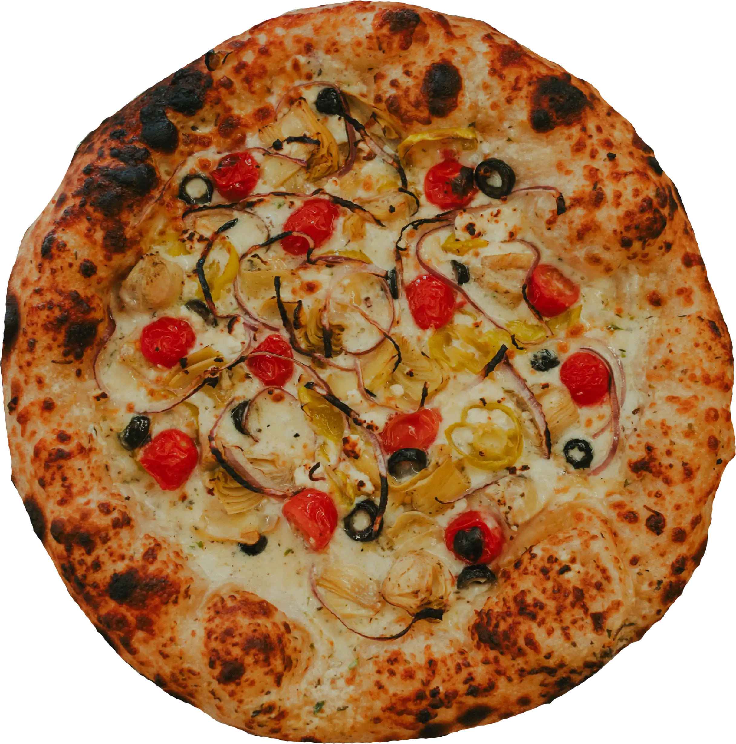 GREEK PIZZA pizza - White sauce, mozzarella, artichoke, red onion, pepperoncini, black olive, tomato, and feta.