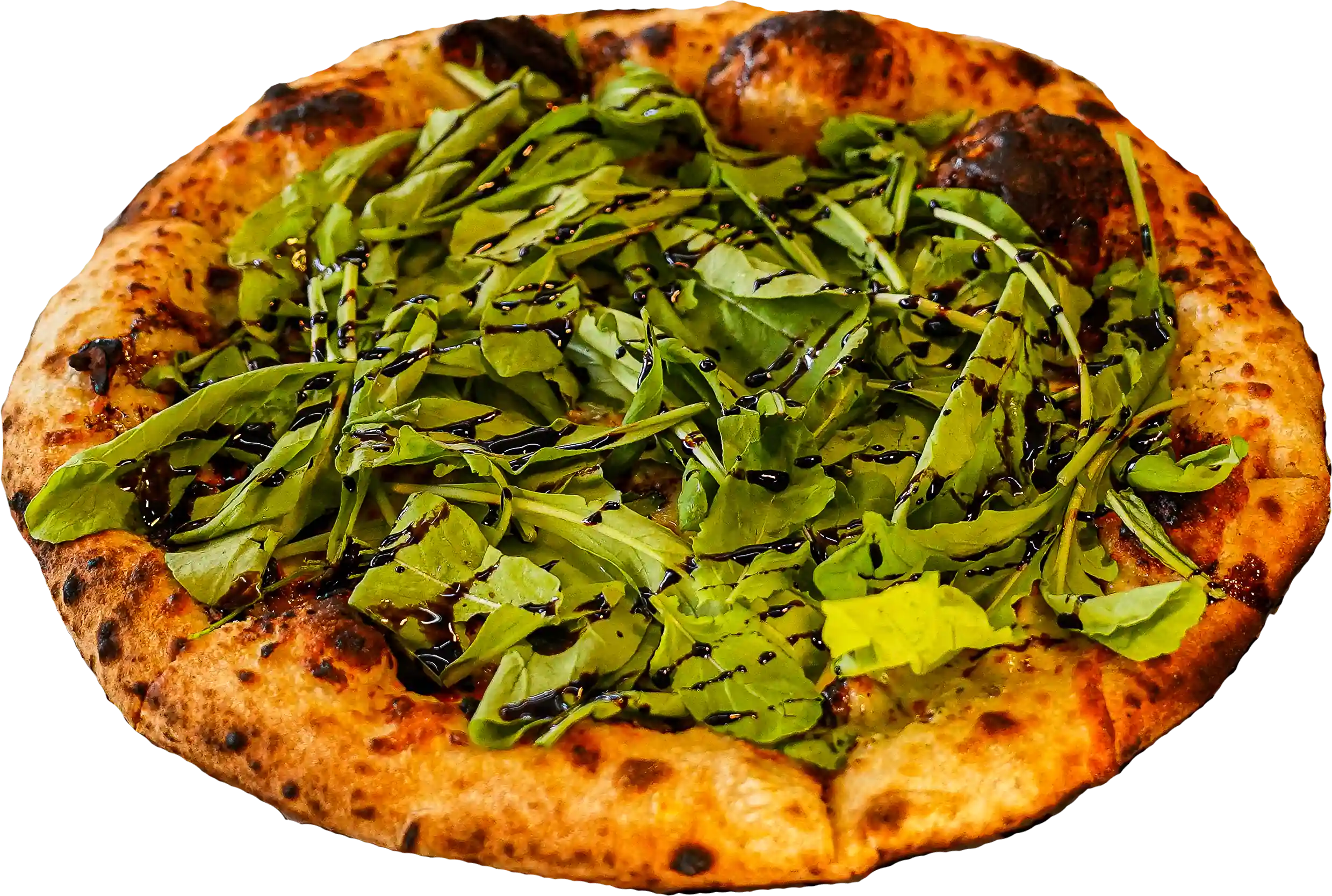 WALNUT & ARUGULA pizza - White sauce, mozzarella, caramelized onions, toasted walnuts, gorgonzola, arugula, and balsamic glaze.