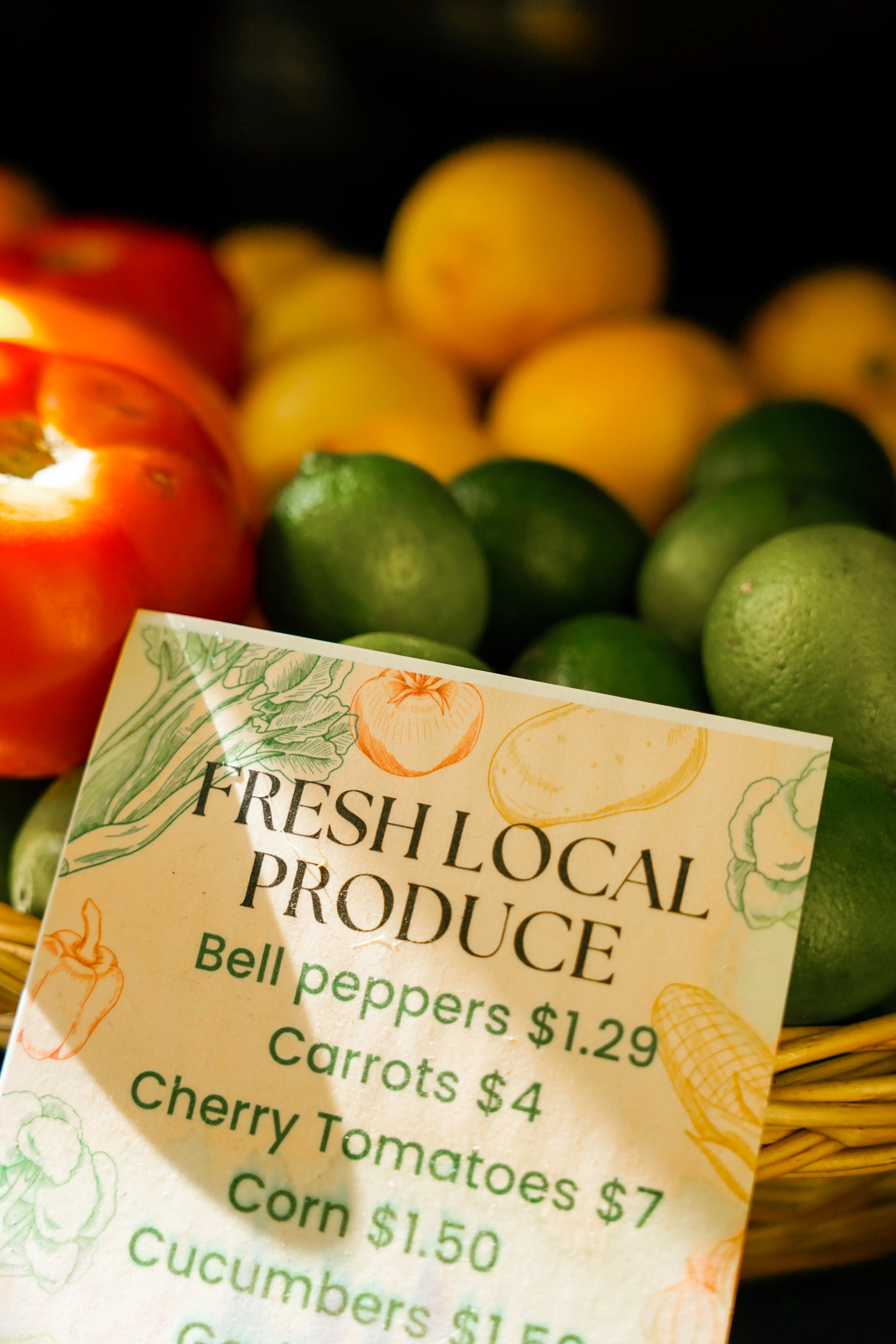 Fresh local produce sign listing prices for bell peppers, carrots, cherry tomatoes, corn, and cucumbers, with limes, lemons, and tomatoes in the background.